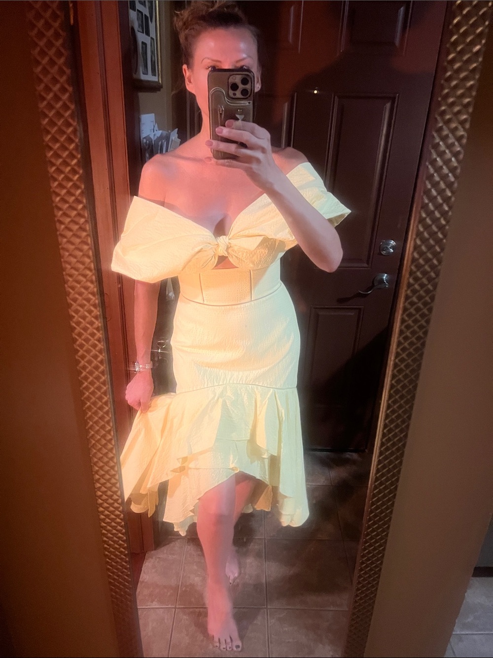 Jonathan Simkhai One-Shoulder Yellow Knot-Front Ruffle Midi Dress